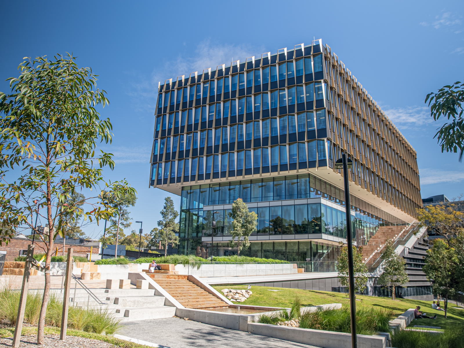 Susan Wakil Health Building exterior with landscaped terraces and steps